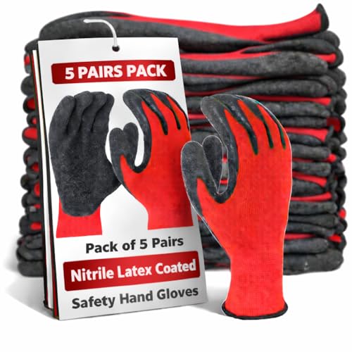 RK TRENDS Heavy Duty Coated Work Gloves For Industrial | Gardening | Agricultural |Cleaning. (Black Red (Latex Coated), Pack of 5 Pairs) - Image 1