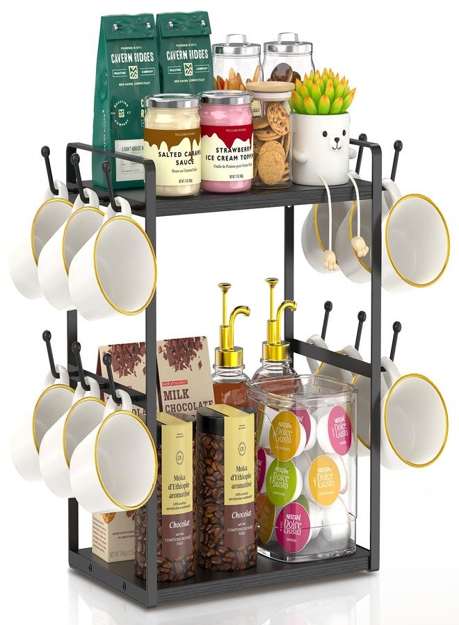 EsLuker.ly Coffee Station Bar Organizer Mug Holder Stand Countertop, 2 Tier Mug Cup Tree Rack for Kitchen Office, Storage Shelf with 12 Hooks, Creat Stylish Coffee Corner, Black - Image 1