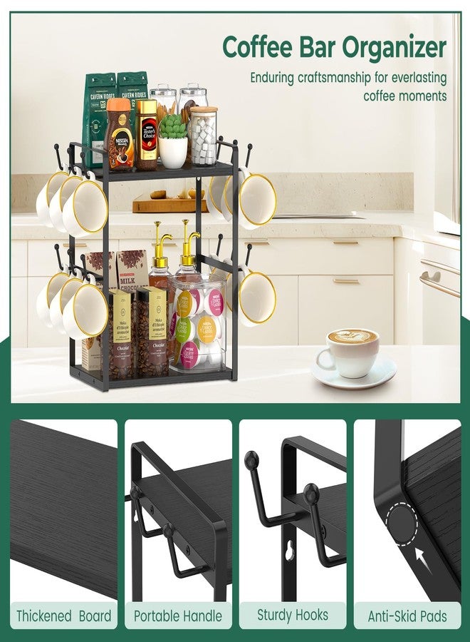 EsLuker.ly Coffee Station Bar Organizer Mug Holder Stand Countertop, 2 Tier Mug Cup Tree Rack for Kitchen Office, Storage Shelf with 12 Hooks, Creat Stylish Coffee Corner, Black - Image 4