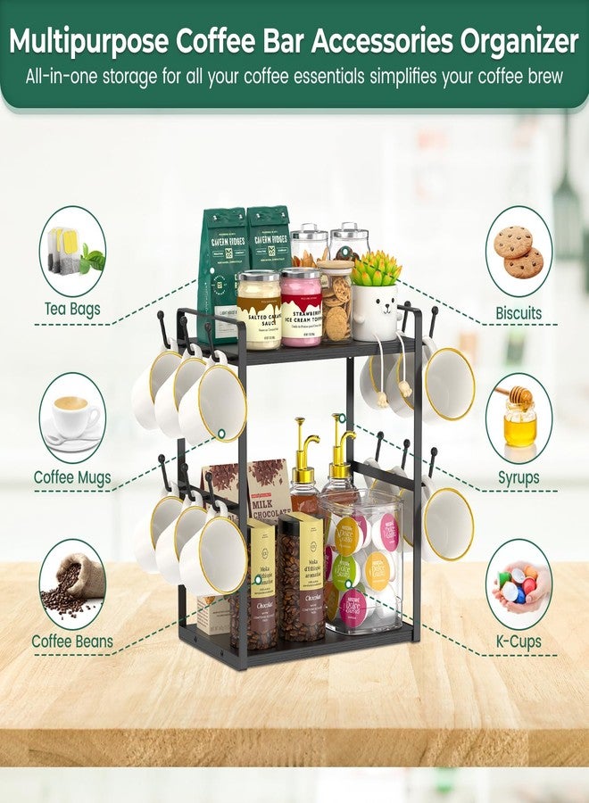EsLuker.ly Coffee Station Bar Organizer Mug Holder Stand Countertop, 2 Tier Mug Cup Tree Rack for Kitchen Office, Storage Shelf with 12 Hooks, Creat Stylish Coffee Corner, Black - Image 5
