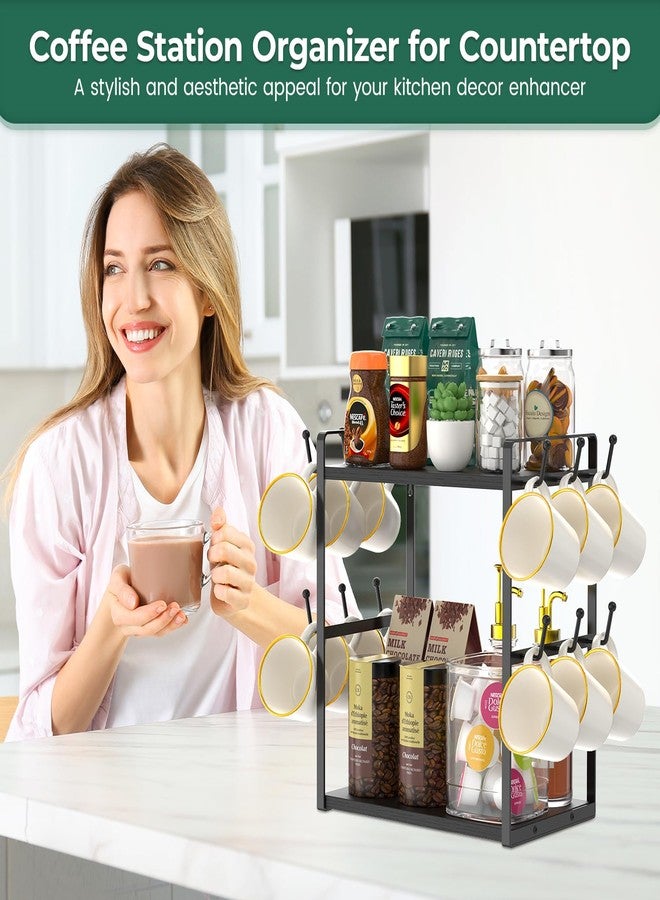 EsLuker.ly Coffee Station Bar Organizer Mug Holder Stand Countertop, 2 Tier Mug Cup Tree Rack for Kitchen Office, Storage Shelf with 12 Hooks, Creat Stylish Coffee Corner, Black - Image 3