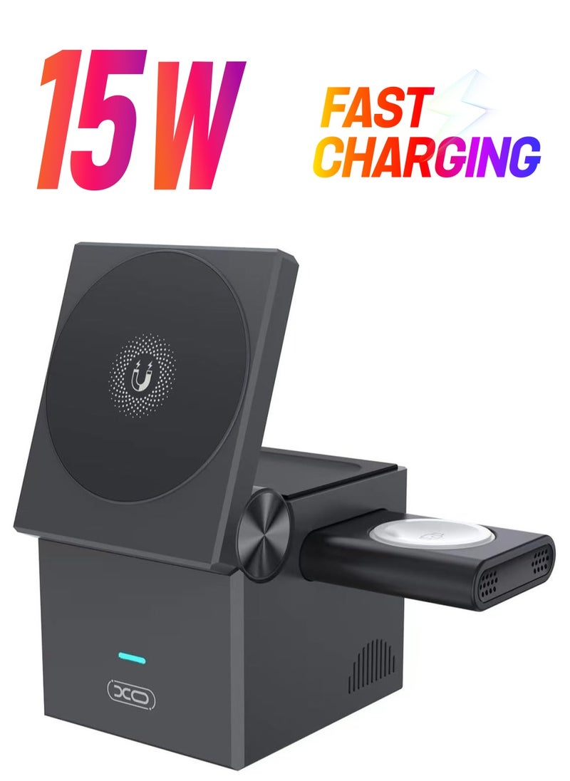 XO - 3-in-1 Cube with MagSafe – 15W Fast Charging Foldable Wireless Charger Station for iPhone, Apple Watch, and AirPods Pro - Image 1
