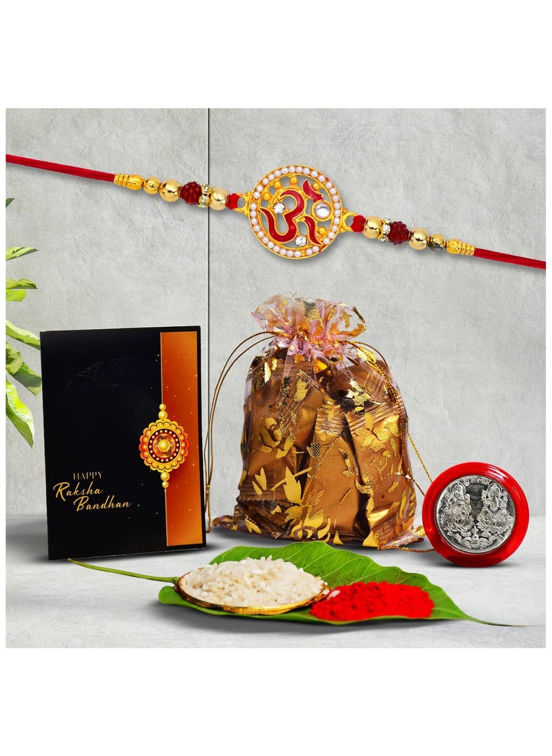 Oblivion - Oblivion Rakhi combo Gift For Brother with center filled chocolates Golden color Swastik Rakhi New Rakhi Rakhi Gift Pack for Sister Rakhi Set Of 1With Greeting Card,Roli-Chaval,Coin - Image 1