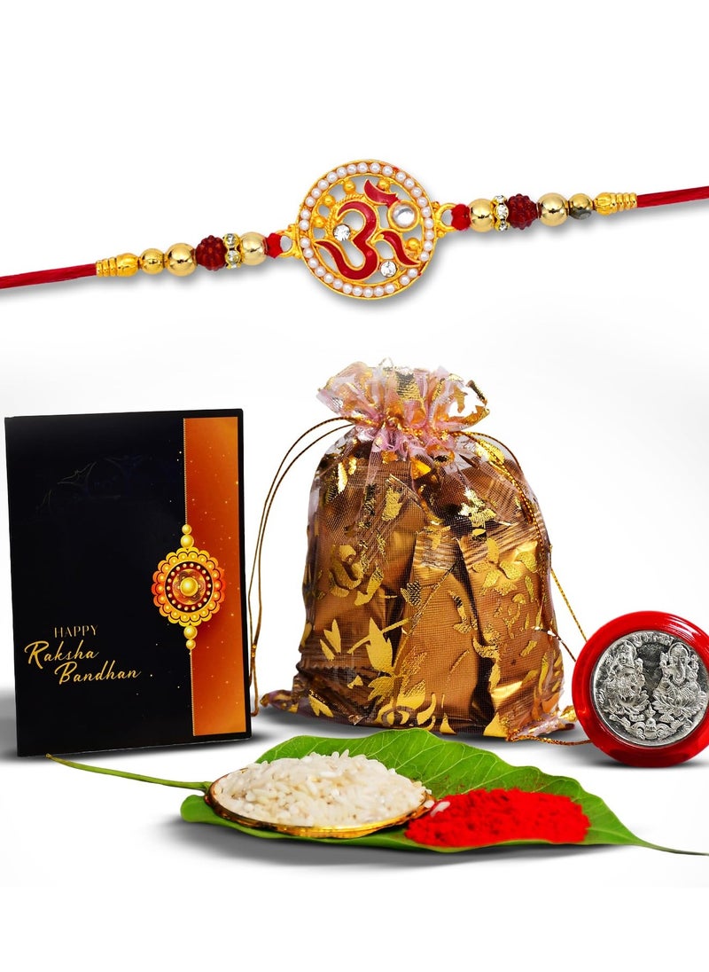 Oblivion - Oblivion Rakhi combo Gift For Brother with center filled chocolates Golden color Swastik Rakhi New Rakhi Rakhi Gift Pack for Sister Rakhi Set Of 1With Greeting Card,Roli-Chaval,Coin - Image 1