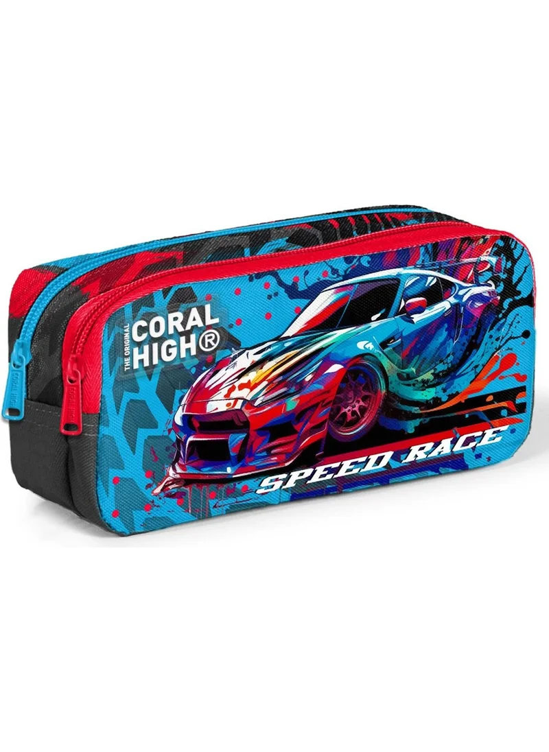 CORAL HIGH Kids Gray Blue Race Car Patterned Two Compartment Pencil Bag 12085