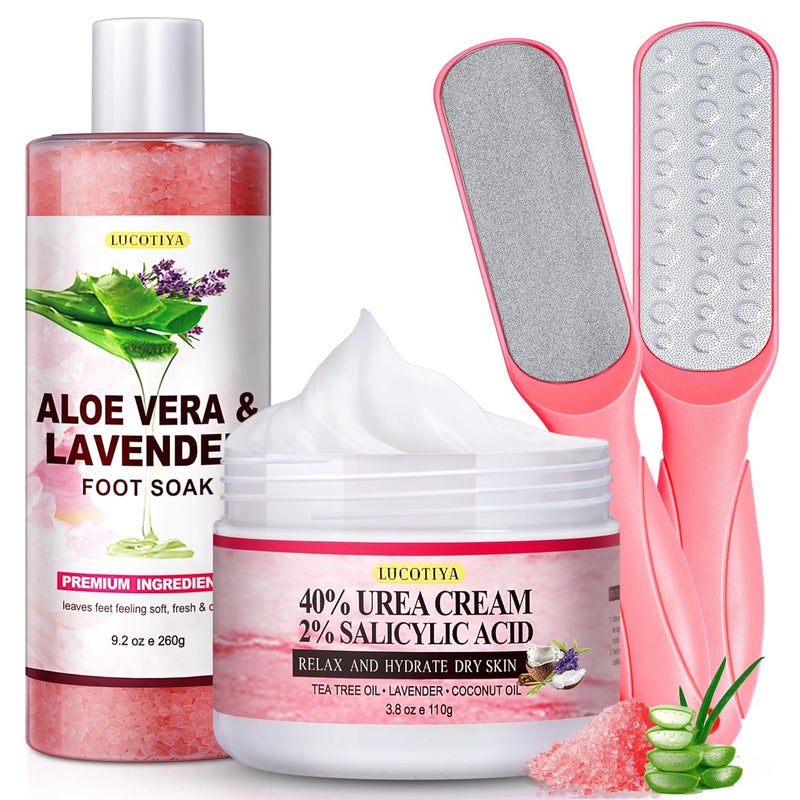 LUCOTIYA Foot Soak Set Pedicure Kit Foot Spa Callus Remover for Feet Cuticle Remover Foot File for Dead Skin Pink Salt Urea Cream for Feet Aloe Lavender Pedicure Supplies Dry Cracked Feet for Women Men 