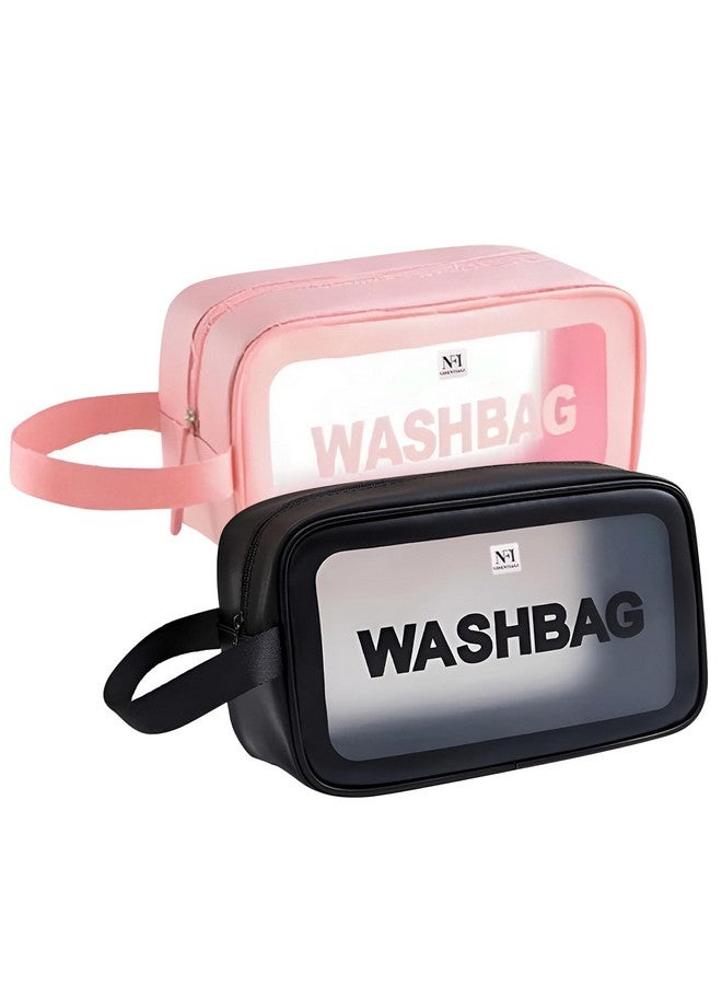 NFI essentials PVC Pack of 2 Transparent Cosmetic Organizer Bag with Handle, Washbag Pouch Travel Makeup Bag Portable Carry Toiletry Storage Bag Makeup Pouch for Women Girls - Image 1