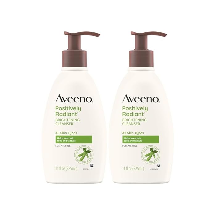 Aveeno Positively Radiant Brightening Facial Cleanser with Moisture Rich Soy Extract, Helps Even Skin Tone & Texture While Gently Lifting Away Dirt, Oil & Makeup, Sulfate-Free, 11 fl. oz (Pack of 2)