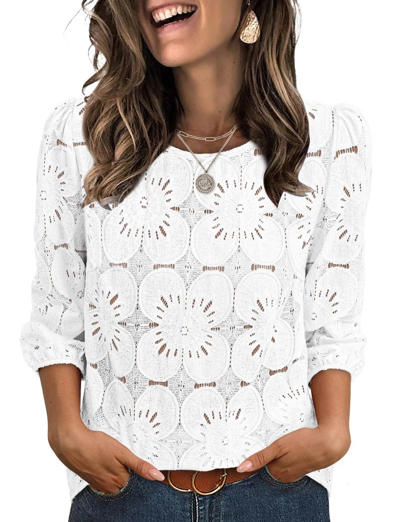 Sampeel Ladies Tops and Blouses White Summer Outfits Vacation Crochet Cute Tops Puff Short Sleeve Shirts 3/4 Sleeve Crew Neck Embroidered White 2XL - Image 1