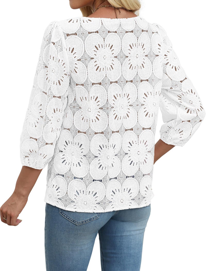 Sampeel Ladies Tops and Blouses White Summer Outfits Vacation Crochet Cute Tops Puff Short Sleeve Shirts 3/4 Sleeve Crew Neck Embroidered White 2XL - Image 5
