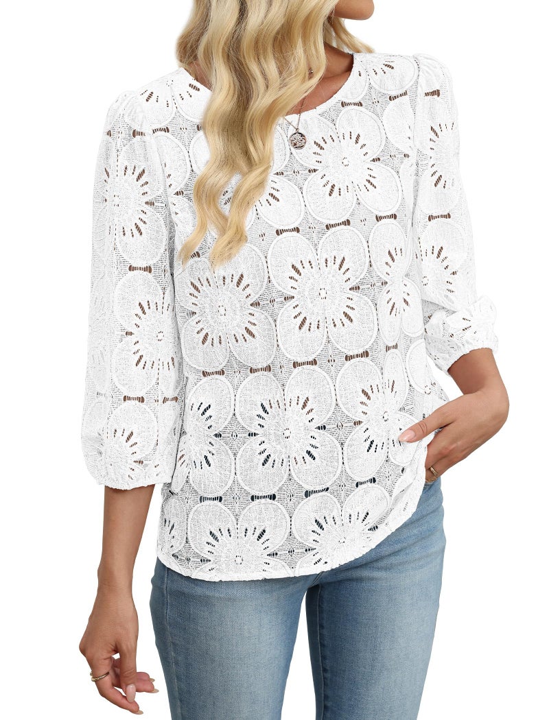 Sampeel Ladies Tops and Blouses White Summer Outfits Vacation Crochet Cute Tops Puff Short Sleeve Shirts 3/4 Sleeve Crew Neck Embroidered White 2XL - Image 3