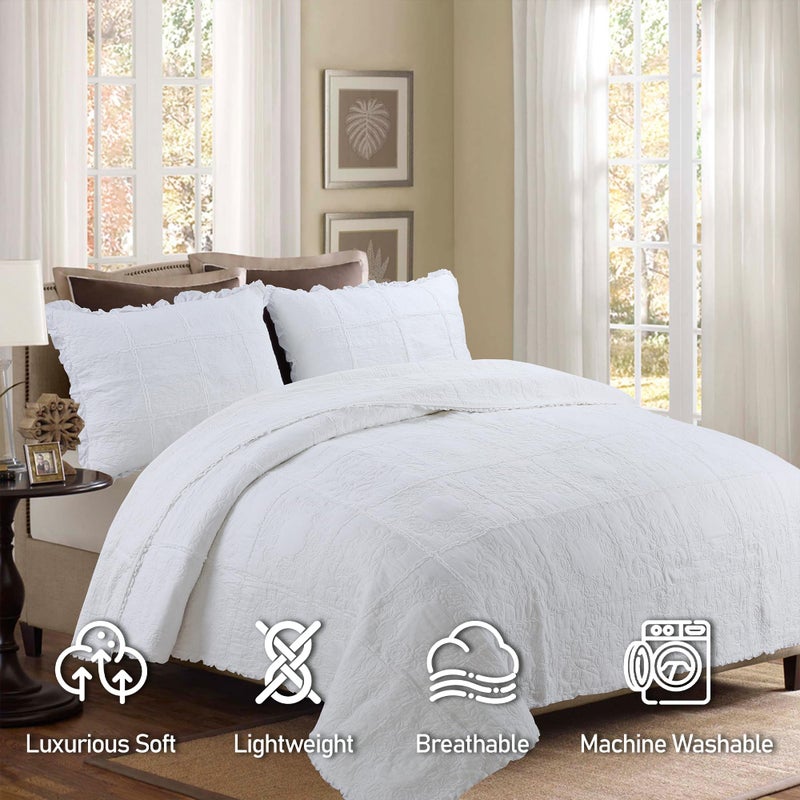 DURLENGEN White Rose Patchwork 100% Cotton King Quilt 3Pcs,White Patchwork with Rose Pattern,Luxury Lightweight Cotton Coverlet Sets for All Season(King 106x96,White Rose Patchwork) - Image 3