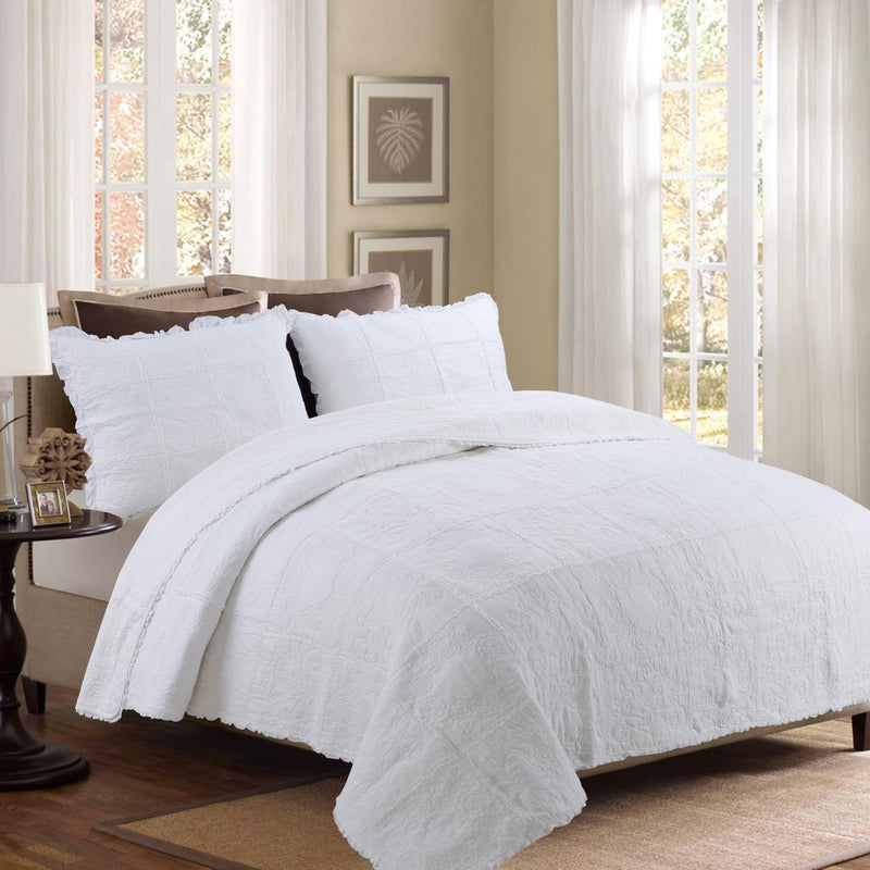 DURLENGEN White Rose Patchwork 100% Cotton King Quilt 3Pcs,White Patchwork with Rose Pattern,Luxury Lightweight Cotton Coverlet Sets for All Season(King 106x96,White Rose Patchwork) - Image 1