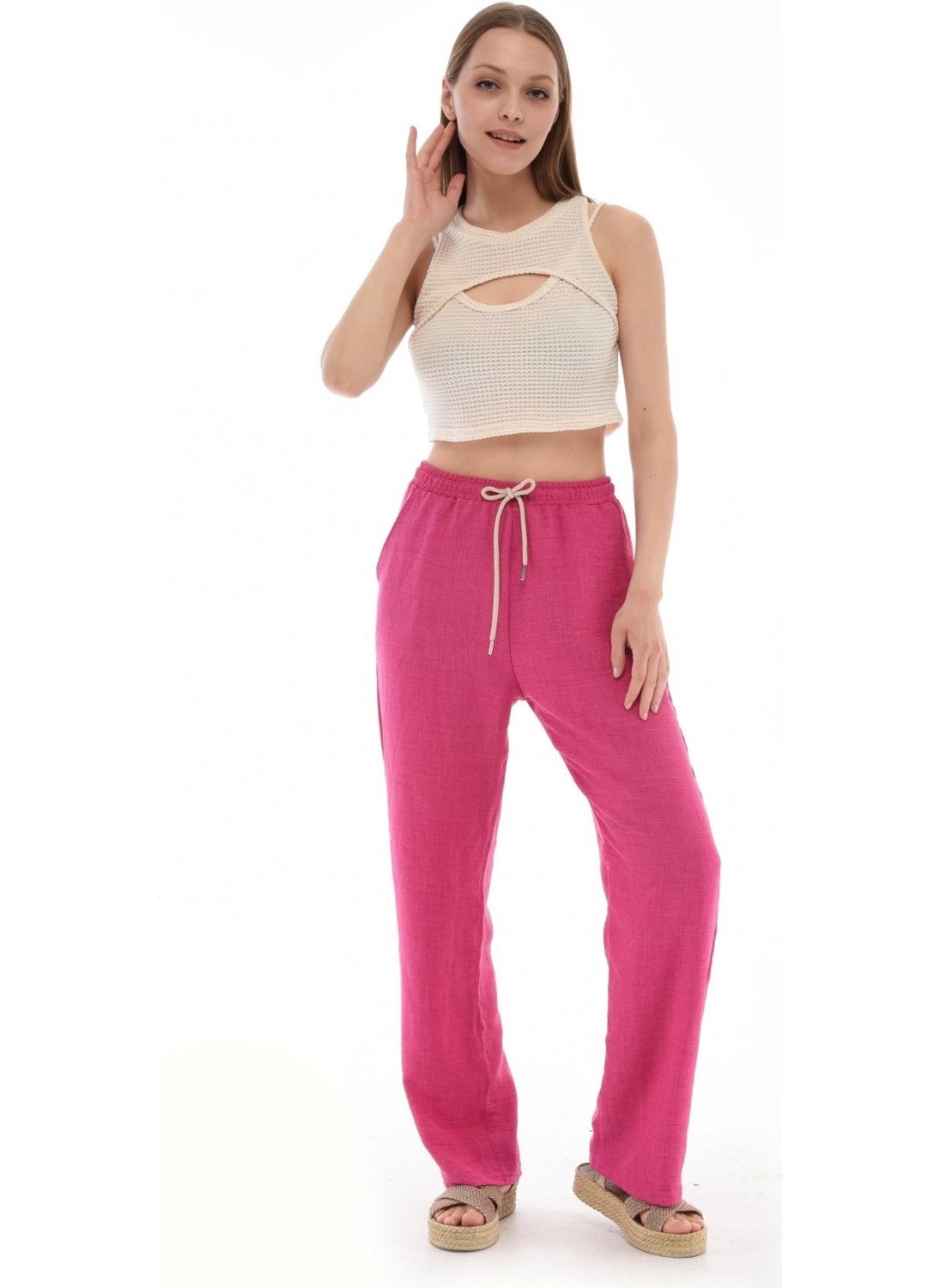 Cedy Denim - Women's Synthetic Linen High Waist Elastic Loose Leg Trousers C610 - Image 1