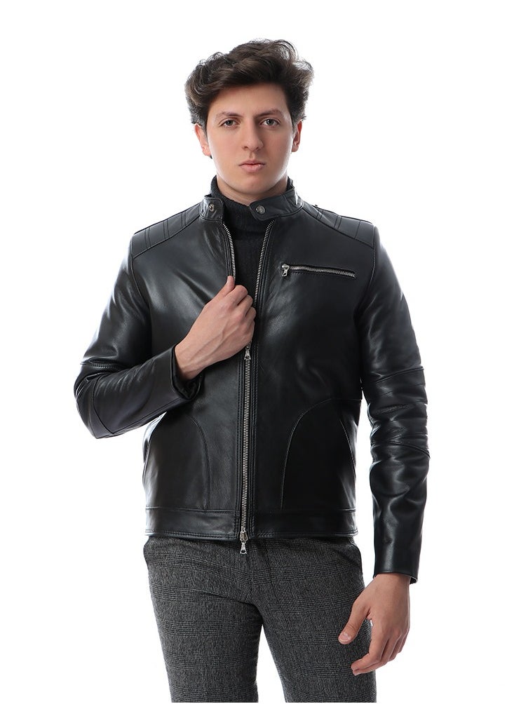 Generic Band Neck Leather Jacket With Pockets genuine leather 100%  - Image 4