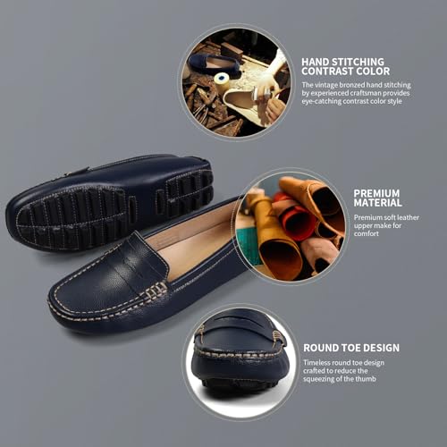Artisure Women's Classic Handsewn Blue Genuine Leather Penny Loafers Driving Moccasins Casual Boat Shoes Slip On Fashion Office Comfort Flats 9 M US SKS-1221LAN90 - Image 3