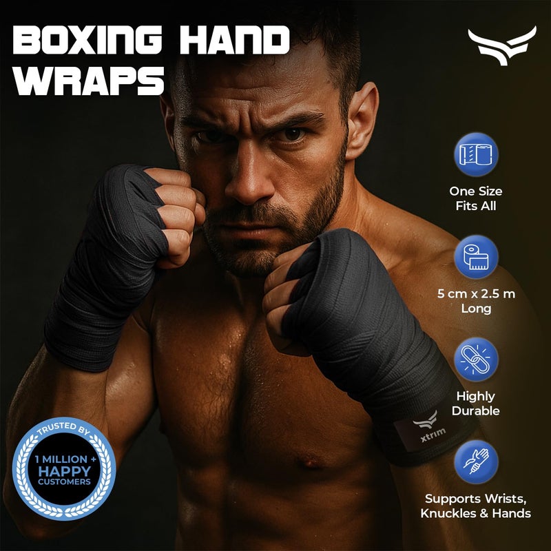 XTRIM Boxing Hand Wraps for Men & Women, Set of 2, 5cm x 2.5m, Polyester Cotton Blend, Wrist Support for MMA, Boxing, Muay Thai, Kickboxing, Velcro Closure, Training Accessories (Black) - Image 2