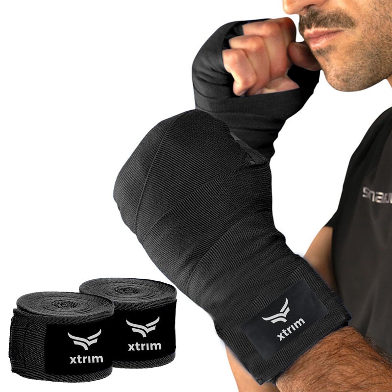 XTRIM Boxing Hand Wraps for Men & Women, Set of 2, 5cm x 2.5m, Polyester Cotton Blend, Wrist Support for MMA, Boxing, Muay Thai, Kickboxing, Velcro Closure, Training Accessories (Black) - Image 1