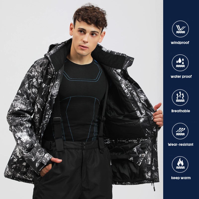Come Wonka Mens Ski Jacket and Pants Set Ski Suit Winter Waterproof Windproof Hooded Snow Coat 2 Pieces Snowboarding Snowsuits Black+Black X-Large - Image 3