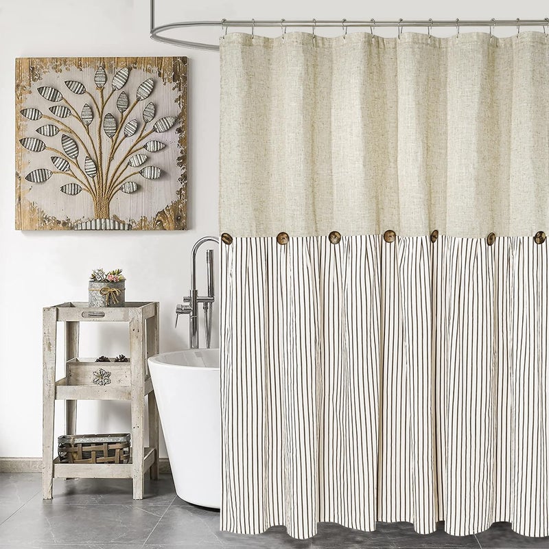 DOSLY IDES Farmhouse Shower CurtainBeige and Brown StripeButton CurtainLinen and Cotton Woven FabricRustic Charm Country Chic Style72x84 in