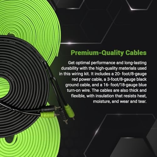Surge مجموعة أسلاك مضخم الصوت SURGE 8-Gauge للسيارات – كابل طاقة أخضر بطول 20 قدم، كابل RCA بطول 20 قدم، سلك مكبر صوت بطول 30 قدم، حاملة فيوز Mini-AGU، أنبوب تقسيم وإكسسوارات – مجموعة تركيب مضخم صوت السيارة - Image 3