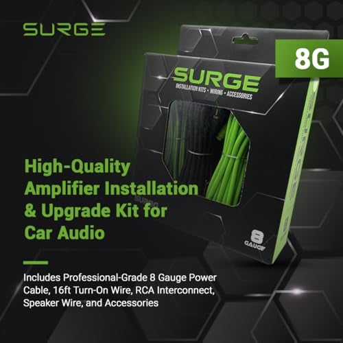 Surge مجموعة أسلاك مضخم الصوت SURGE 8-Gauge للسيارات – كابل طاقة أخضر بطول 20 قدم، كابل RCA بطول 20 قدم، سلك مكبر صوت بطول 30 قدم، حاملة فيوز Mini-AGU، أنبوب تقسيم وإكسسوارات – مجموعة تركيب مضخم صوت السيارة - Image 2