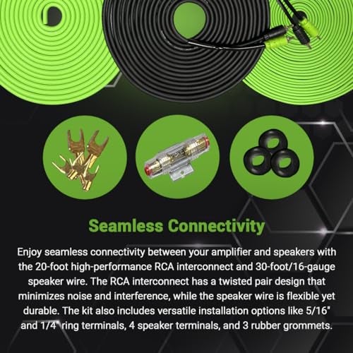Surge مجموعة أسلاك مضخم الصوت SURGE 8-Gauge للسيارات – كابل طاقة أخضر بطول 20 قدم، كابل RCA بطول 20 قدم، سلك مكبر صوت بطول 30 قدم، حاملة فيوز Mini-AGU، أنبوب تقسيم وإكسسوارات – مجموعة تركيب مضخم صوت السيارة - Image 4