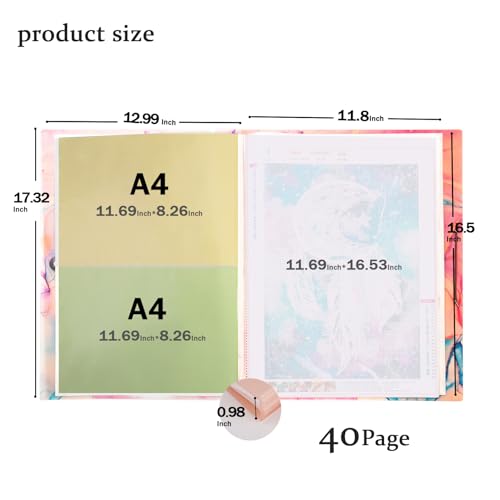 Qunrwe A3 Art Portfolios Case 40 Pages,Marble Pink Diamond Painting Storage Book,Pocket Protector with Index Sticker,11.8 x 16.5 inch Clear Sheet Presentation Portfolio Folder for Artwork,Report,Photo - Image 2