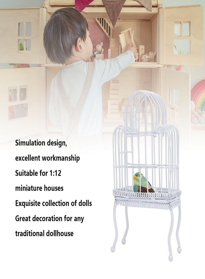 NOENNULL 1:12 Scale Dollhouse Bird Cage Metal Miniature Bird Cage Realistic Opening Door Miniature Dollhouse Bird Cage with Fake Grass Bird Sticker (White) - Image 4