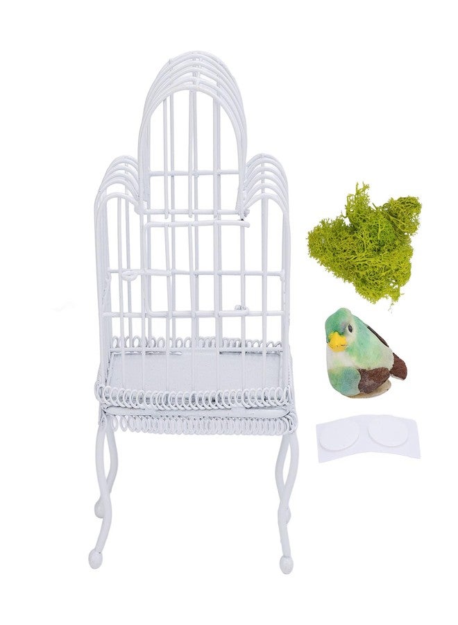 NOENNULL 1:12 Scale Dollhouse Bird Cage Metal Miniature Bird Cage Realistic Opening Door Miniature Dollhouse Bird Cage with Fake Grass Bird Sticker (White) - Image 1