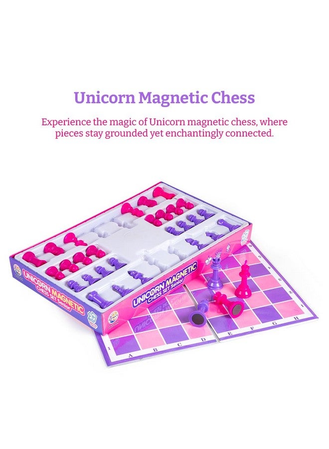 راتاناز مجموعة رقعة شطرنج مغناطيسية قابلة للطي بتصميم وحيد القرن من راتنا، مناسبة للأطفال والكبار (13×13 بوصة، لون وردي وأرجواني) - Image 3