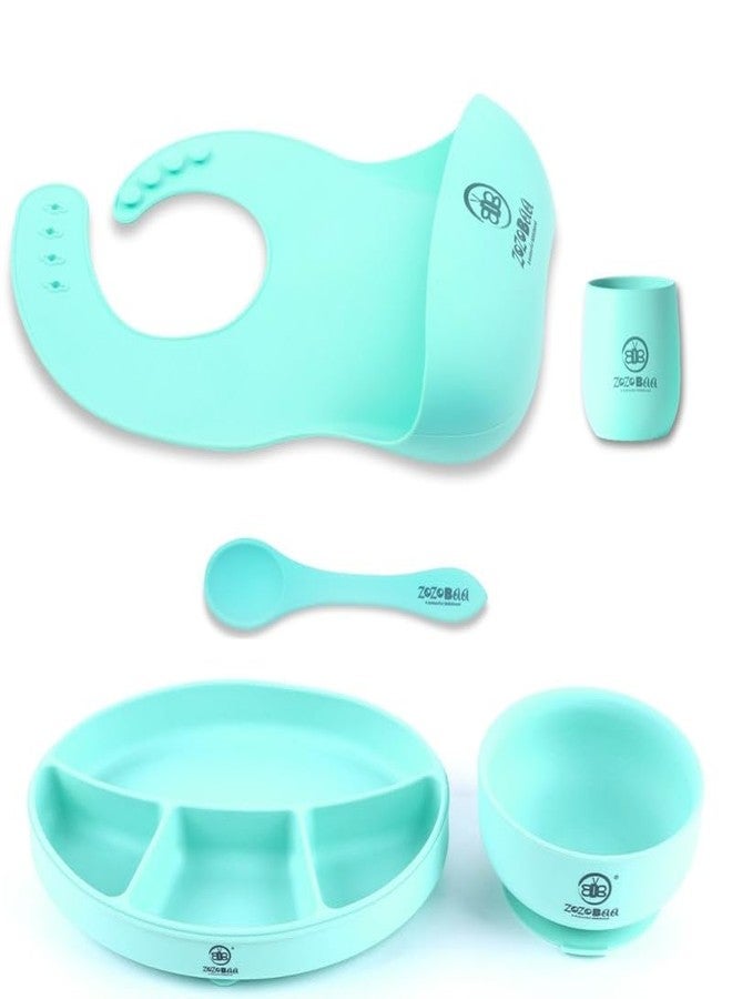 ZoZoBaa Silicone Feeding Set Including Baby Bib,Long Spoon, Tiny Open Cup, Suction Base Oval Plate & Bowl for Toddler |Solid Cutlery Set| Easy Wipe Clean| Baby Weaning Sets (5 Pc), [Mint-Green] - Image 1