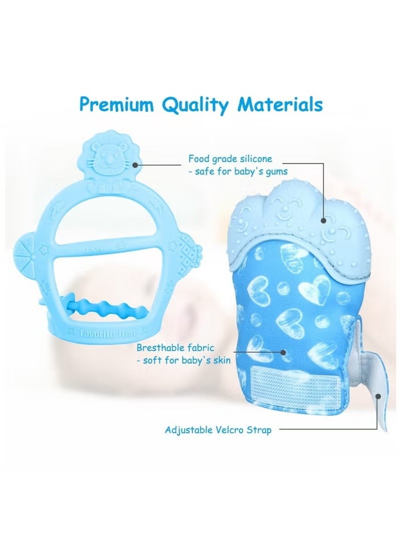 Gonice 2Pcs Silicone Teething Mitten Set, Baby Teething Toy with Lion & Hearts Pattern, Toddler Teething Gloves with Adjustable Strap, Crinkle Sound, Self Soothing Baby Chew Toys for Infants (Blue) - Image 5
