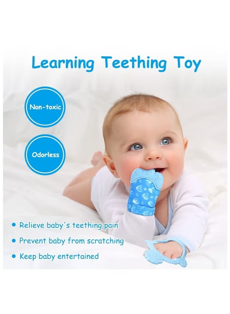 Gonice 2Pcs Silicone Teething Mitten Set, Baby Teething Toy with Lion & Hearts Pattern, Toddler Teething Gloves with Adjustable Strap, Crinkle Sound, Self Soothing Baby Chew Toys for Infants (Blue) - Image 2