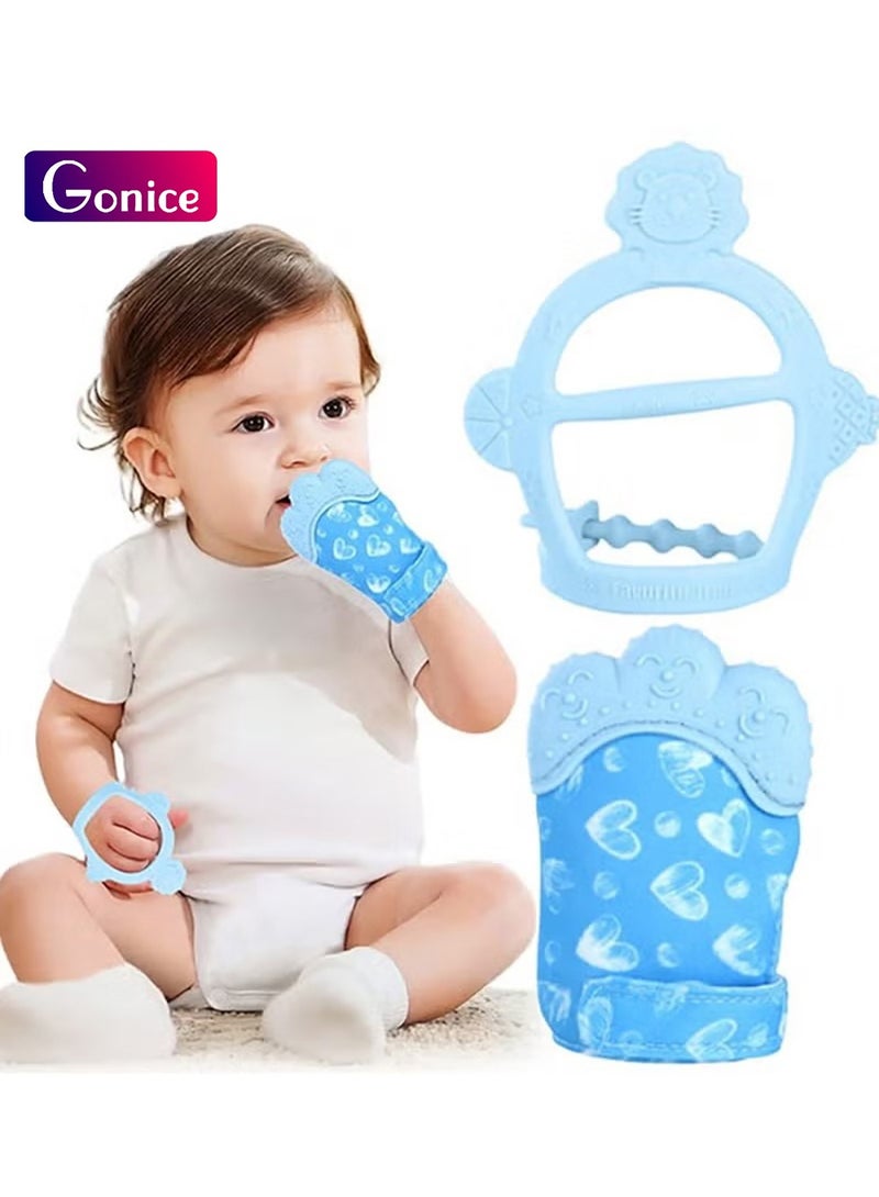 Gonice 2Pcs Silicone Teething Mitten Set, Baby Teething Toy with Lion & Hearts Pattern, Toddler Teething Gloves with Adjustable Strap, Crinkle Sound, Self Soothing Baby Chew Toys for Infants (Blue) - Image 1