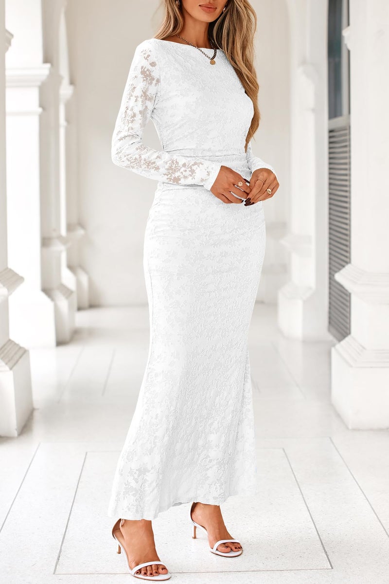 MITILLY Fall Long Sleeve Dress for Women 2026 Elegant Floral Bodycon Ruched Maxi Formal Wedding Guest Dresses Small White - Image 5