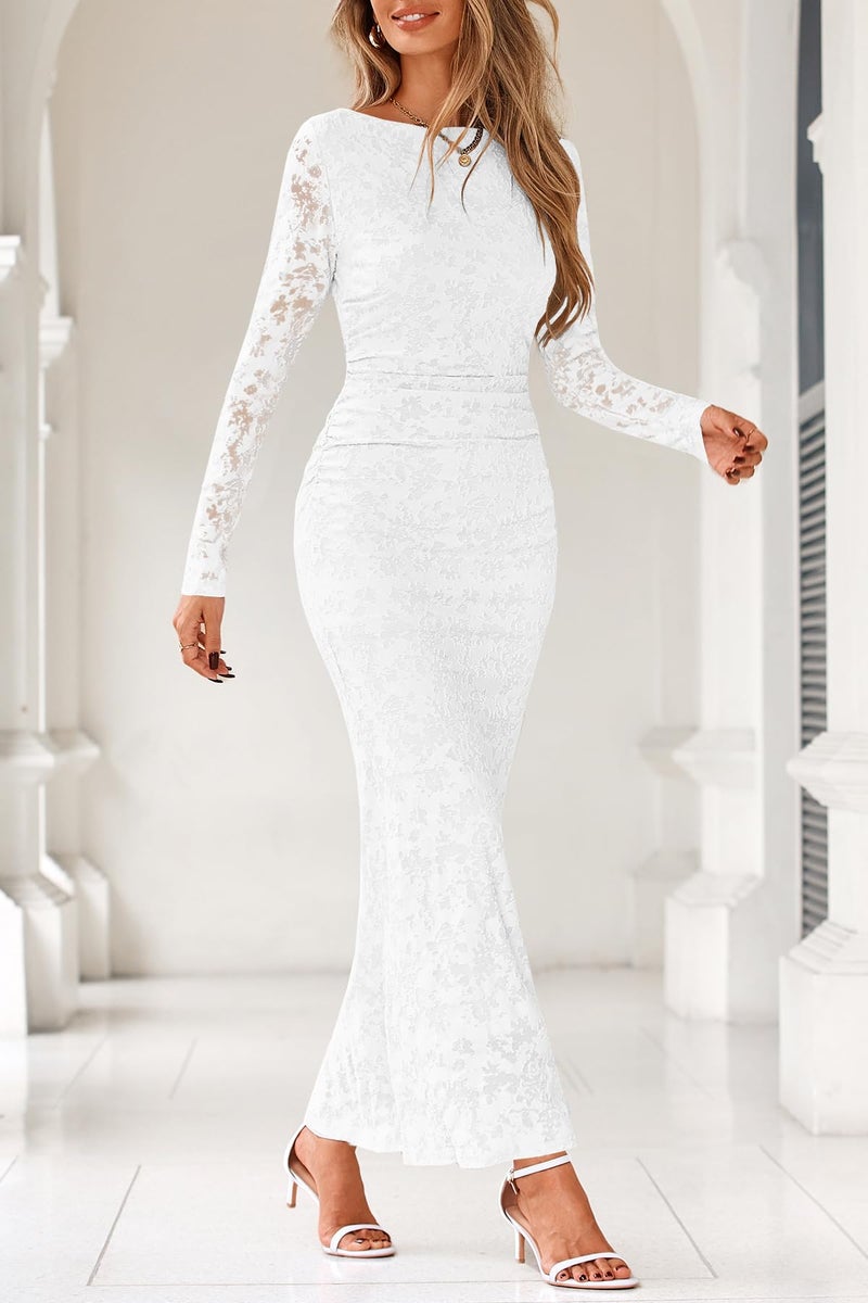 MITILLY Fall Long Sleeve Dress for Women 2026 Elegant Floral Bodycon Ruched Maxi Formal Wedding Guest Dresses Small White - Image 2