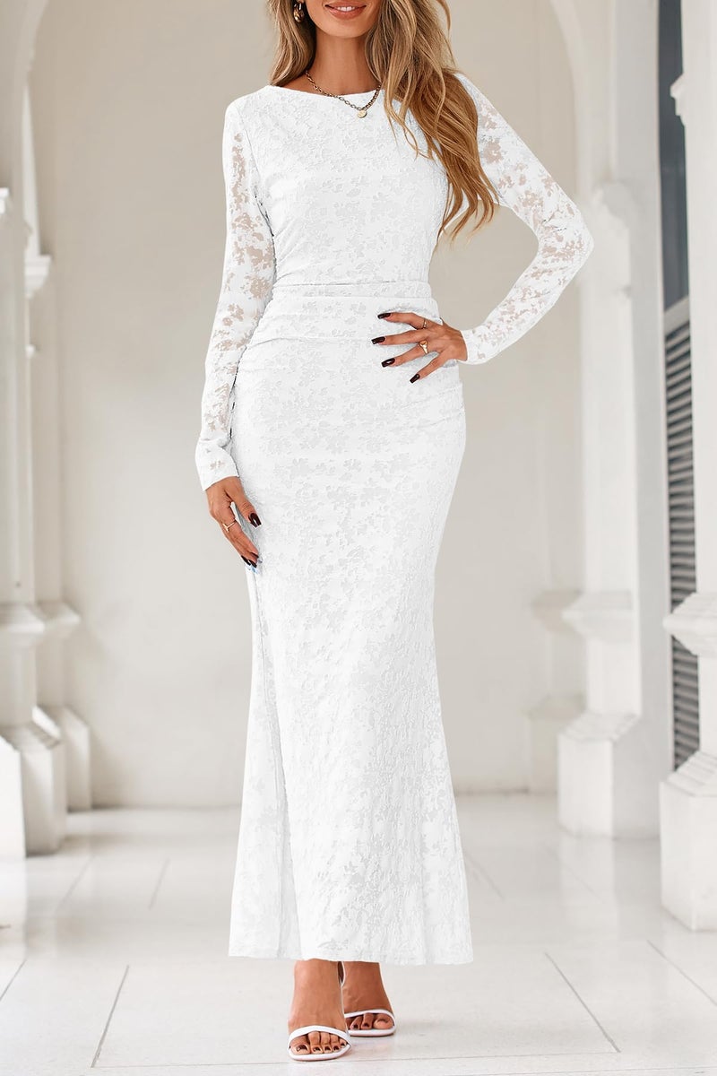 MITILLY Fall Long Sleeve Dress for Women 2026 Elegant Floral Bodycon Ruched Maxi Formal Wedding Guest Dresses Small White - Image 4