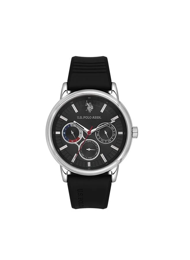 يو اس بولو اسن Crossing 44mm Multifunction Men's Watch with Black Dial & Rubber Strap
