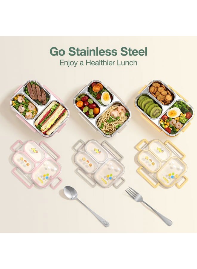 Nukied Stainless Steel Lunch Box, 3-Compartment Leak Proof Metal Bento Lunch Box with Fork & Spoon (Pink) - Image 4