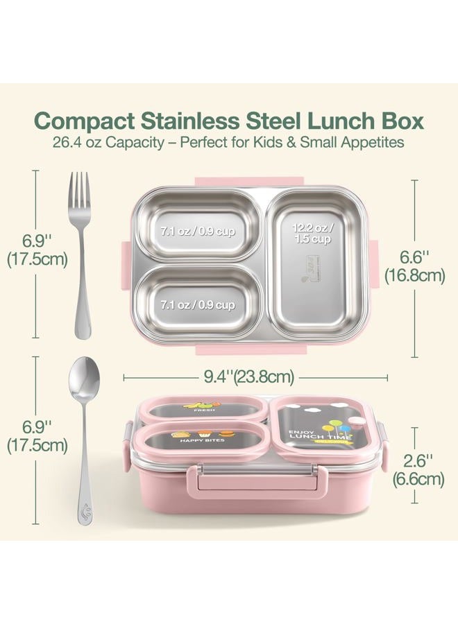 Nukied Stainless Steel Lunch Box, 3-Compartment Leak Proof Metal Bento Lunch Box with Fork & Spoon (Pink) - Image 2