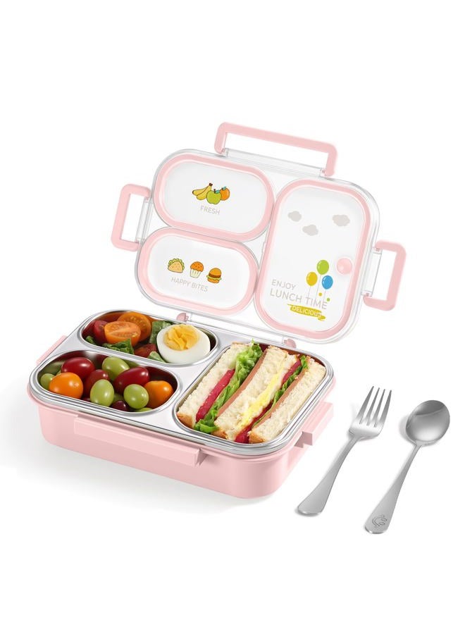 Nukied Stainless Steel Lunch Box, 3-Compartment Leak Proof Metal Bento Lunch Box with Fork & Spoon (Pink) - Image 1