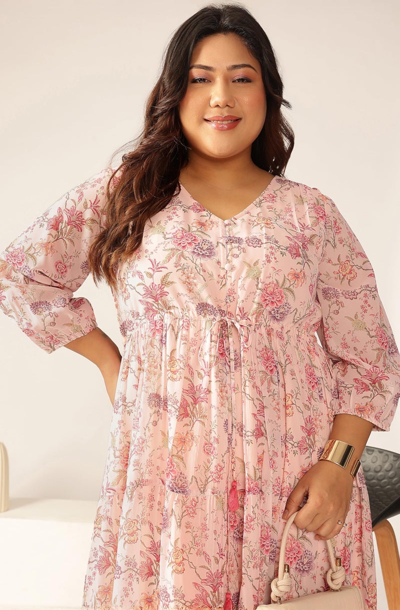 Janasya Women's Plus Size Pink Georgette Floral Printed Tiered Dress (XLA25DR01466-5XL) - Image 5