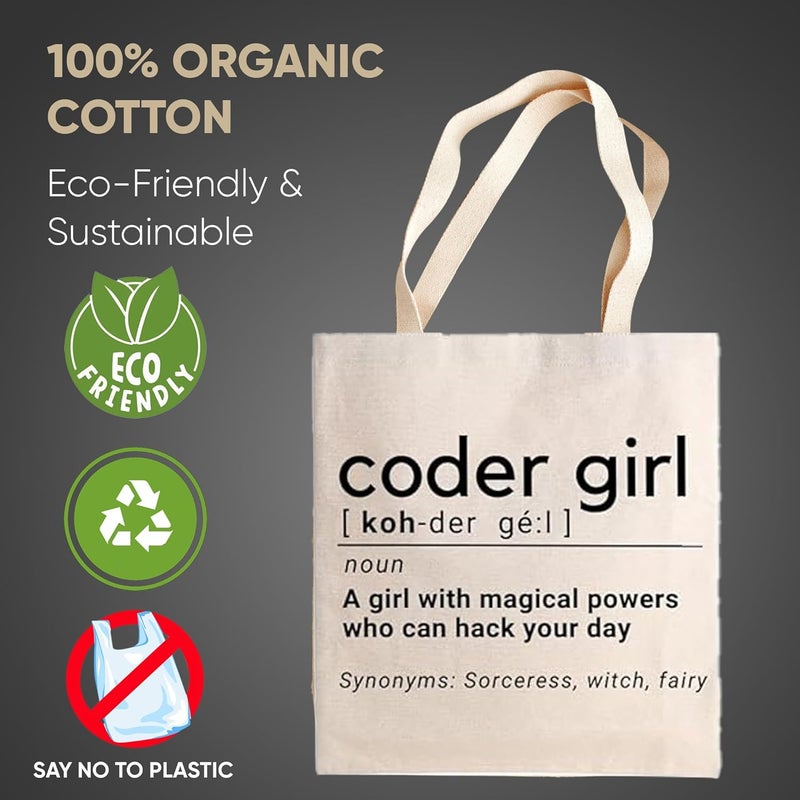 STRUTT Foldable Canvas Tote Bag for Women, Tote Bag for College Girls,100% Organic Cotton Reusable Shopping Bag for Grocery, Eco-Friendly Multi-Purpose Bag for Travel & Daily Use - Coder Girl - Image 5