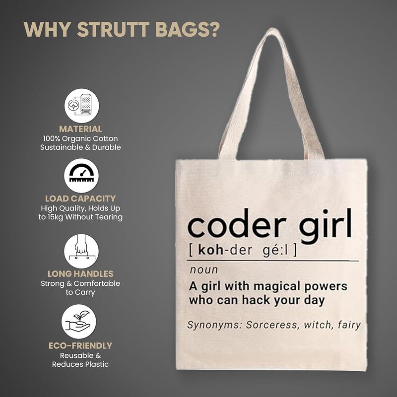 STRUTT Foldable Canvas Tote Bag for Women, Tote Bag for College Girls,100% Organic Cotton Reusable Shopping Bag for Grocery, Eco-Friendly Multi-Purpose Bag for Travel & Daily Use - Coder Girl - Image 4