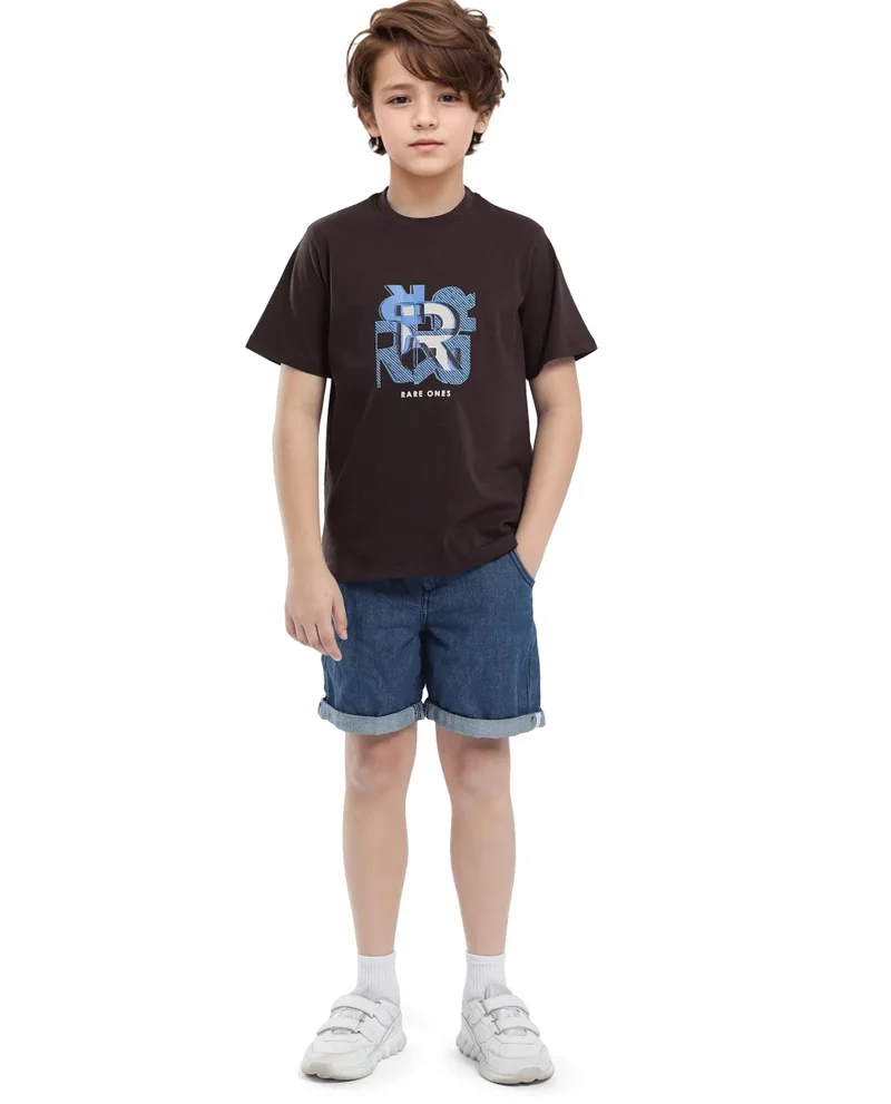 Rare Ones Rare Ones Kids Caleb-K Dark Brown Cotton Blend Half Sleeve Slip-On Printed Regular Fit T-Shirt