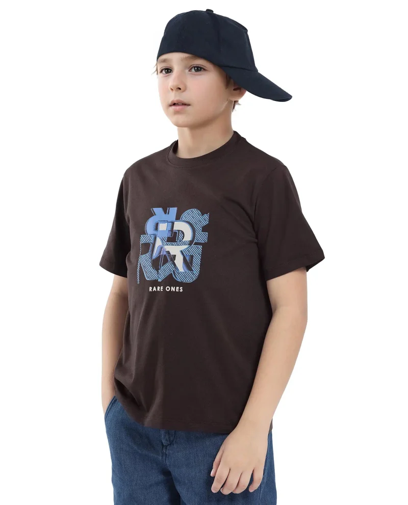 Rare Ones Rare Ones Kids Caleb-K Dark Brown Cotton Blend Half Sleeve Slip-On Printed Regular Fit T-Shirt