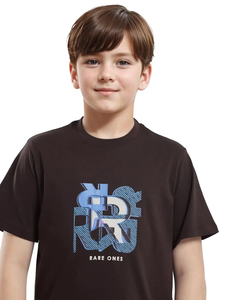 Rare Ones Rare Ones Kids Caleb-K Dark Brown Cotton Blend Half Sleeve Slip-On Printed Regular Fit T-Shirt