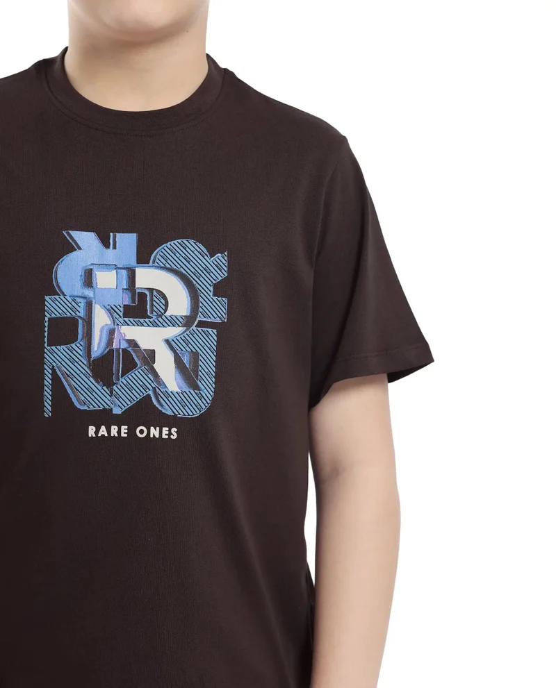 Rare Ones Rare Ones Kids Caleb-K Dark Brown Cotton Blend Half Sleeve Slip-On Printed Regular Fit T-Shirt
