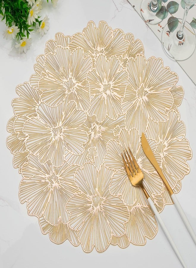 Mabbcoo Placemats Set of 6, Gold Placemats Perforated Pressed Flowers Vinyl Round Table Mats Washable for Dining Table Christmas Holiday Decorations - Image 1